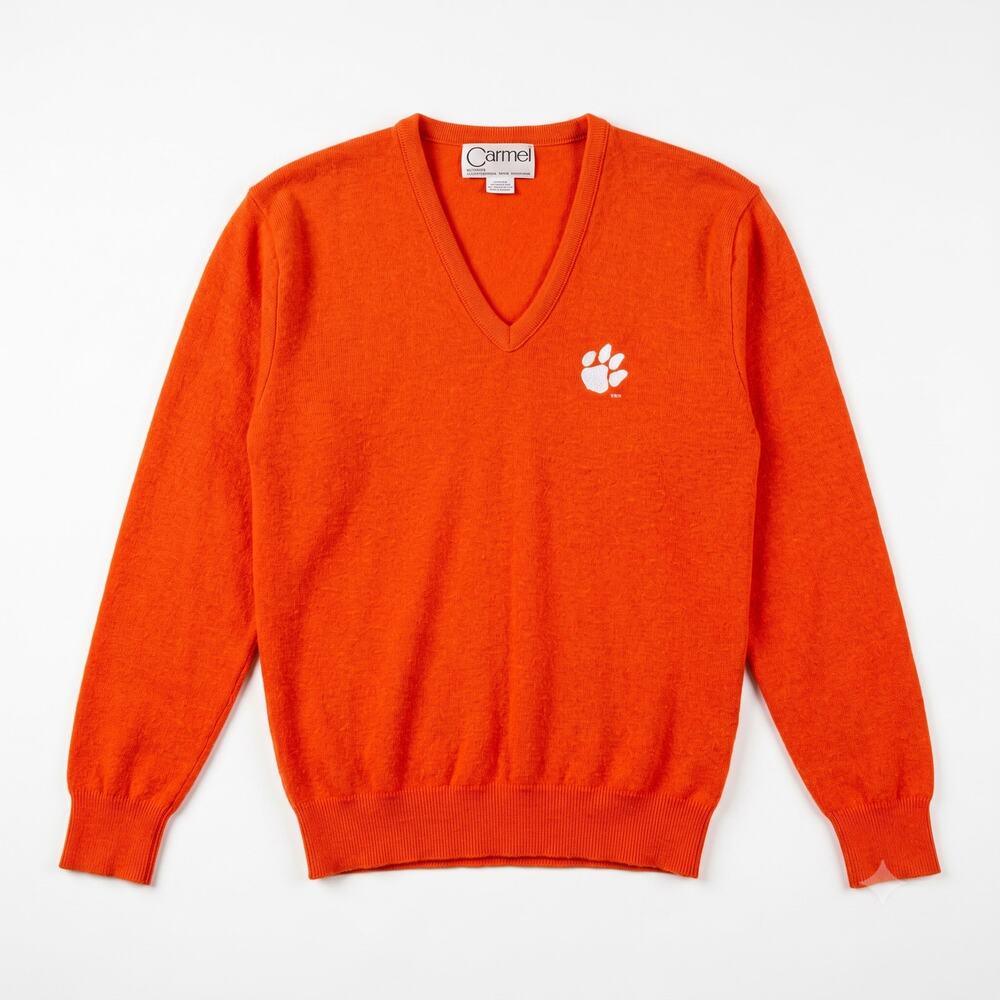 Clemson Tigers Vintage 60s 70s Sweater Orange V Neck Carmel Orlon USA Mens Large